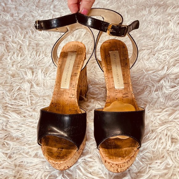 Stella McCartney Black Vegan Patent Leather Cork Platform Sandal Size 37 - Picture 3 of 10